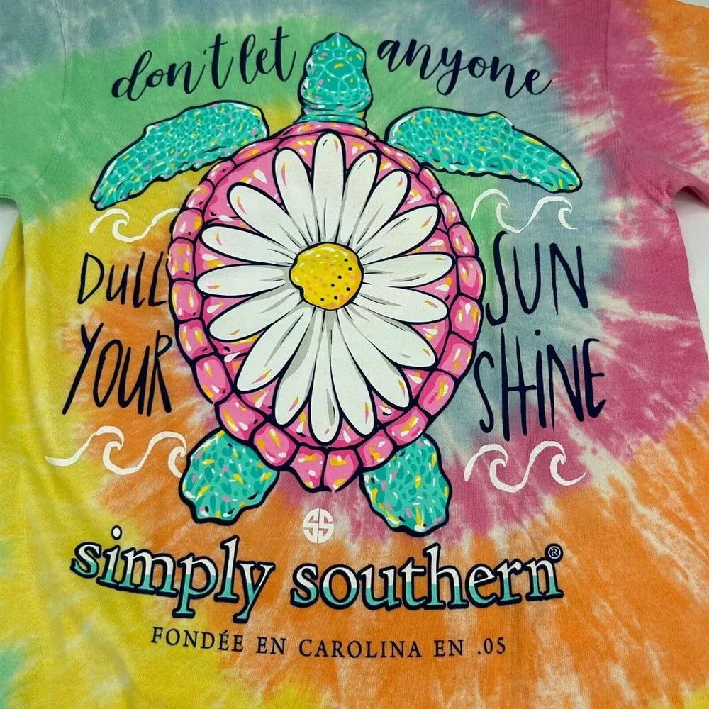 Simply Southern T-Shirt Womens Small Tie Dye Sea Turtle Daisy Pink Blue - Picture 2 of 7